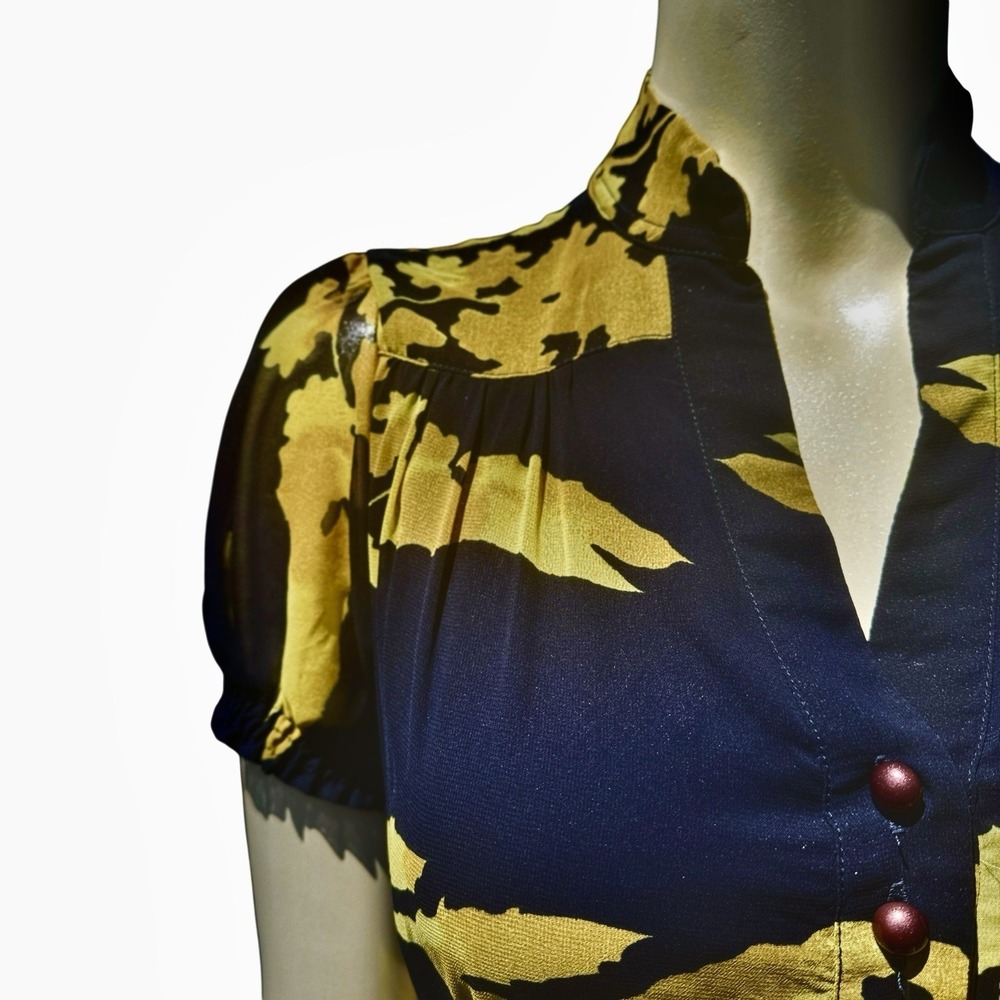 Marchesa Notte Maxi Dress 4 Navy Blue Yellow Flutter Bohemian Luxe Wedding Guest - Picture 2 of 16